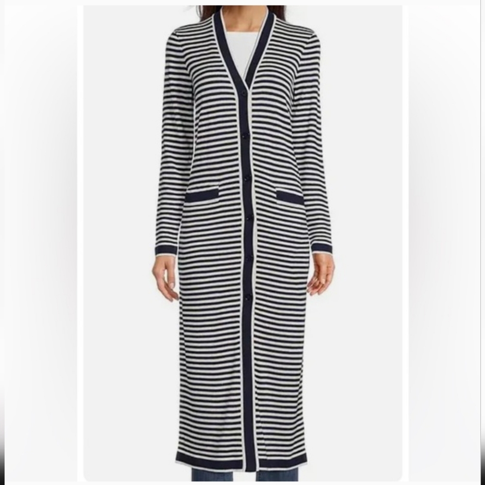 NWT Lauren Ralph Lauren Long Striped Silk Blend Cardigan Navy Nautical Size L - Picture 4 of 16